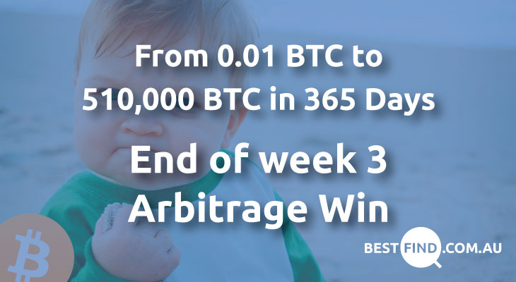 From 0.01 to 510,000 Bitcoins in 365 Days – End of Week 3 – Arbitrage Win